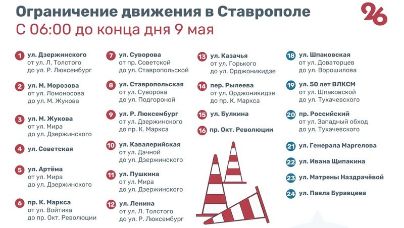 Более 20 участков улиц перекроют в Ставрополе 9 мая