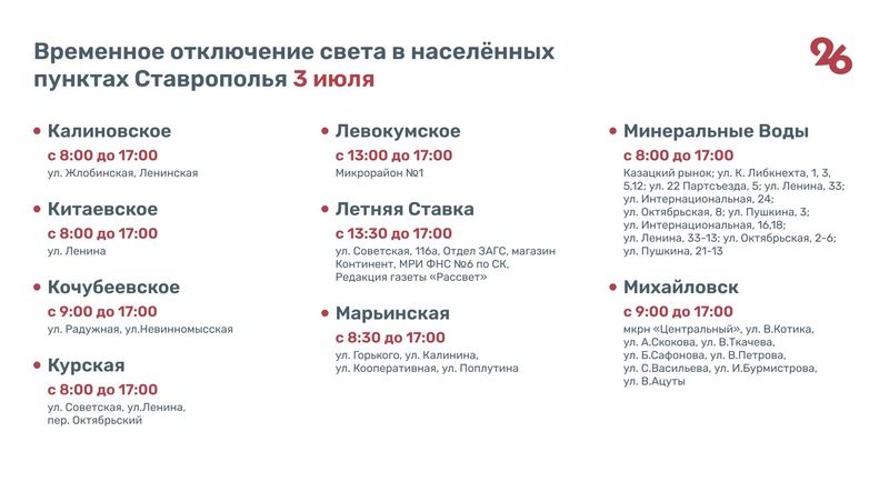 Несколько населённых пунктов Ставрополья останутся без света 3 июля