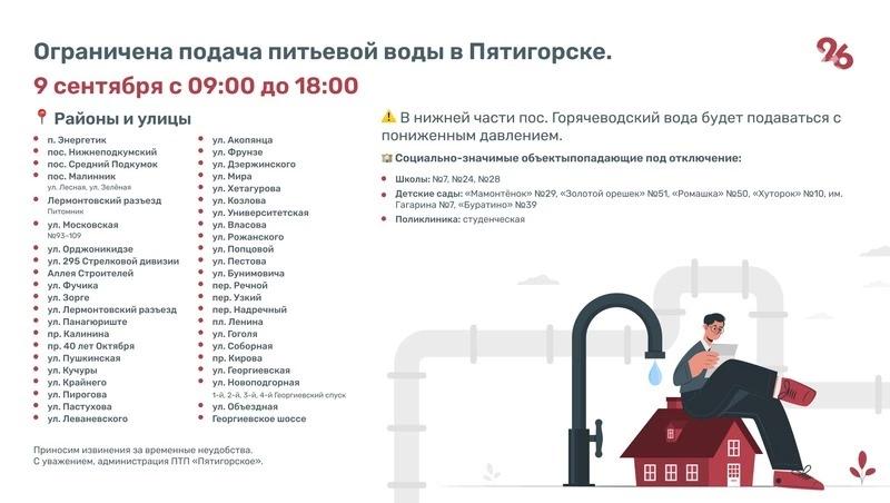 Часть жителей Пятигорска останется без воды до вечера 9 сентября