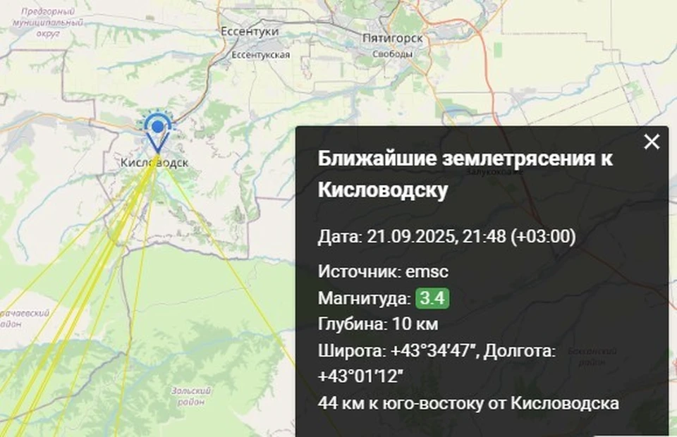 Землетрясение магнитудой 3,4 балла произошло в 44 километрах от Кисловодска0