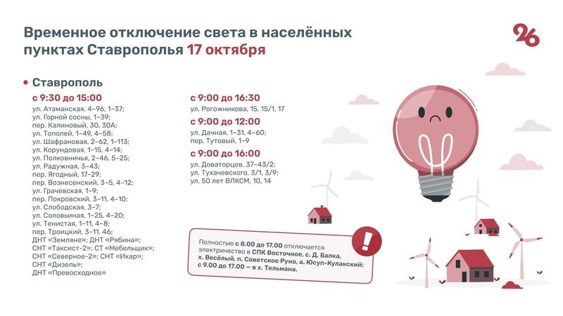 Свет временно отключат в 35 населённых пунктах Ставрополья 17 октября