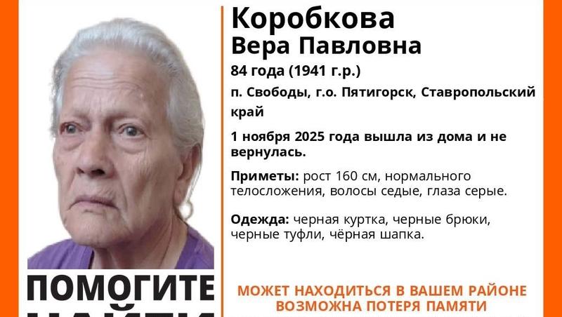 Пропавшую пенсионерку в чёрной куртке ищут на Ставрополье