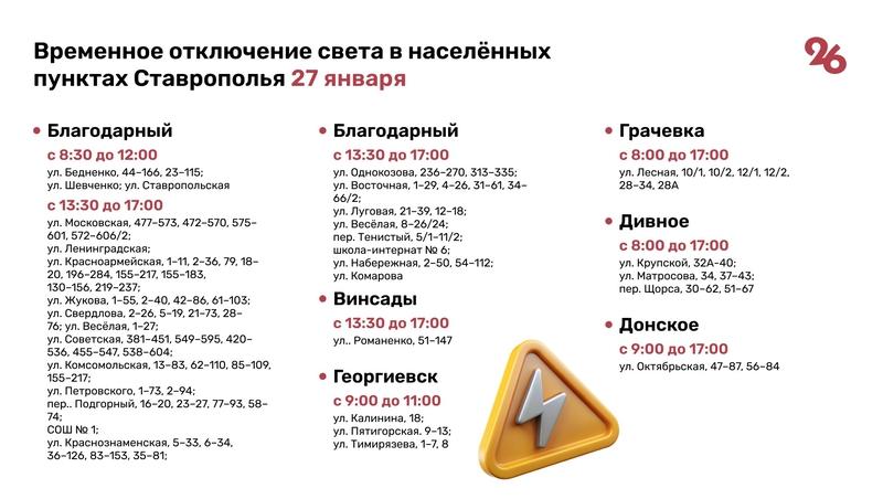 Жители 27 населённых пунктов Ставрополья временно останутся без света 27 января