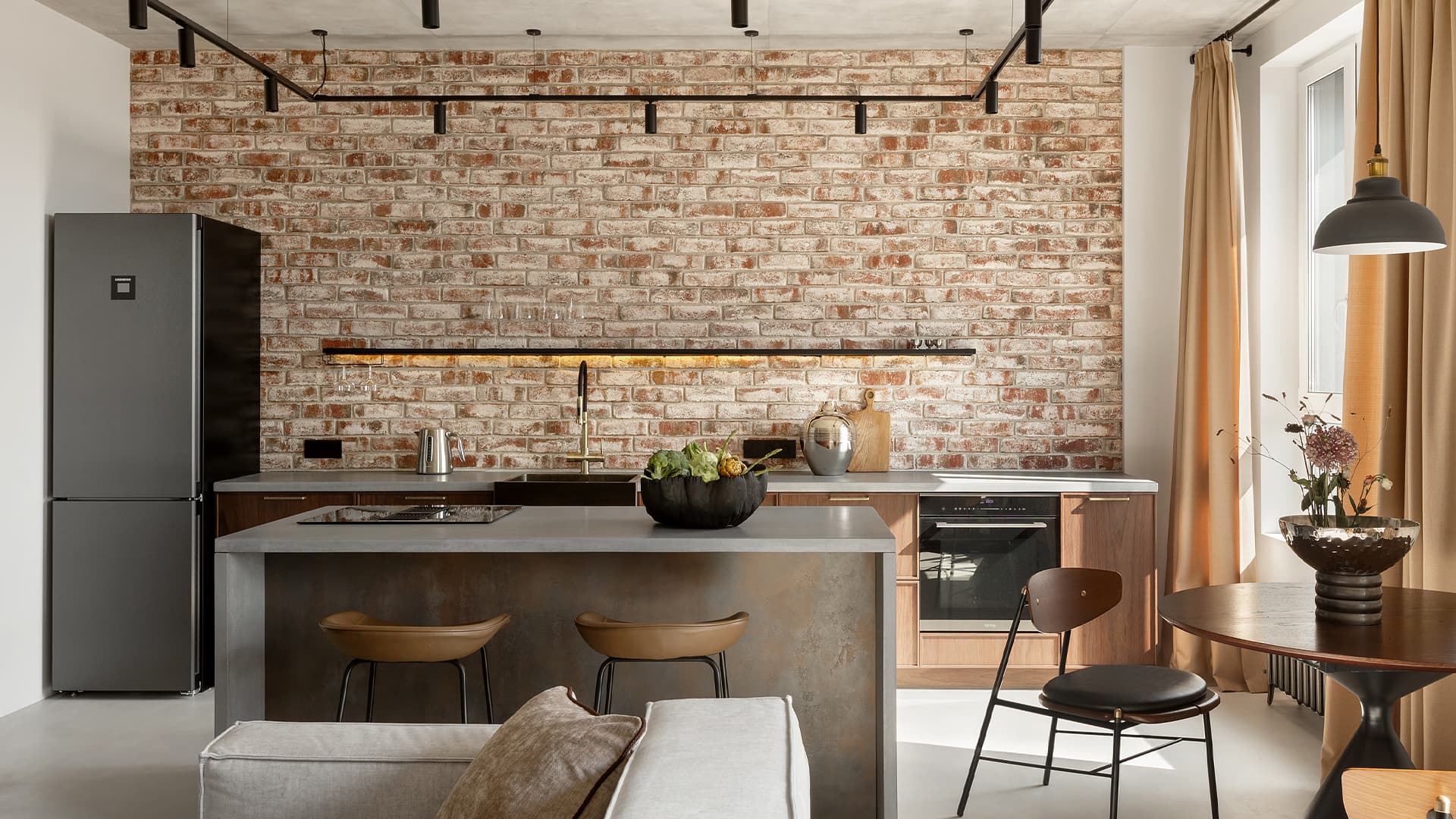 Кирпичная кладка и бетон в интерьере квартиры для молодой пары — проект Анастасии Петуховой Кирпичная кладка и бетон в интерьере квартиры для молодой пары — проект Анастасии Петуховой