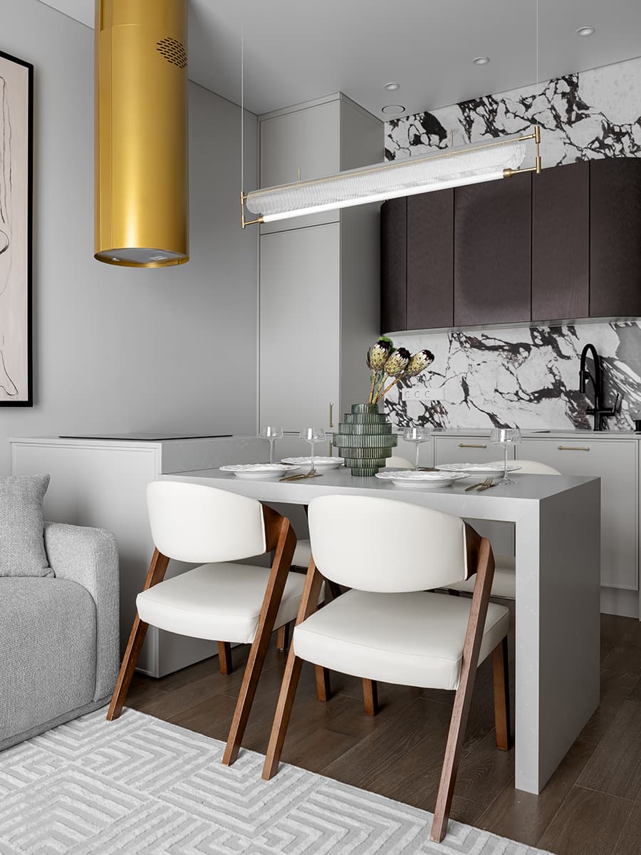 Контрастный керамогранит в интерьере квартиры под сдачу в аренду — проект Yuloo Studio