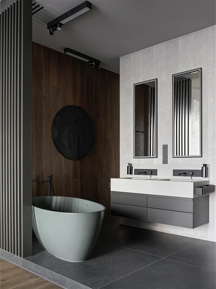 Интерьеры санузлов с отдельно стоящей ванной