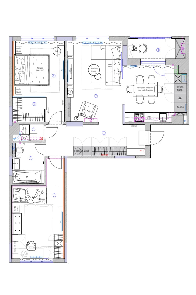 Терракотовые детали и раздвижные перегородки в интерьере квартиры — проект Юлии Лезиной