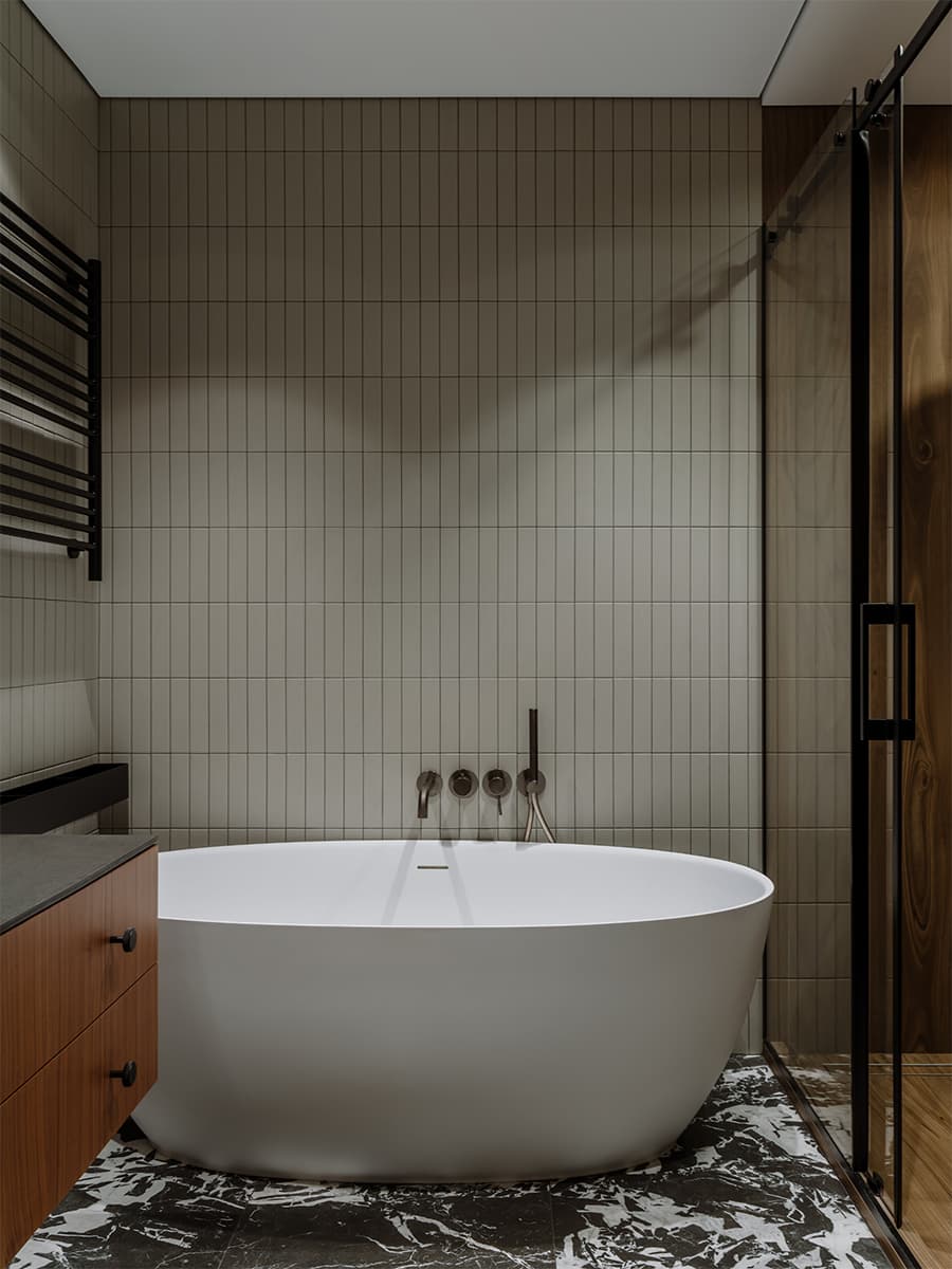 Интерьеры санузлов с отдельно стоящей ванной